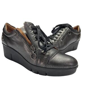 Pikolinos Black Metallic Leather Wedge Sneakers Women's EU 40 Side Zip EUC